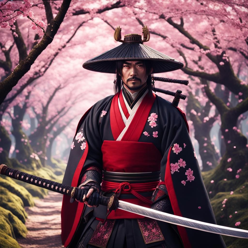 samurai in a cherry blossom forest