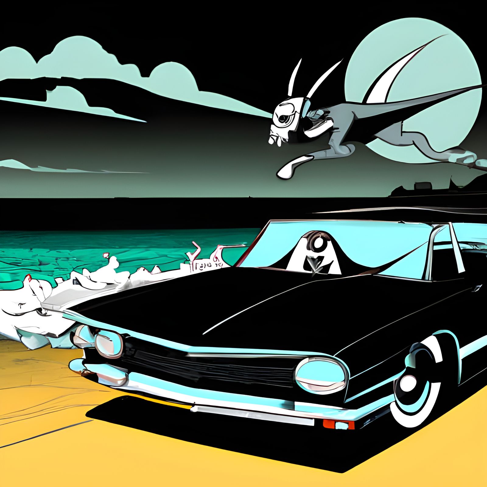 volkswagen as a muscle car, swimming on a black sea, witj do...