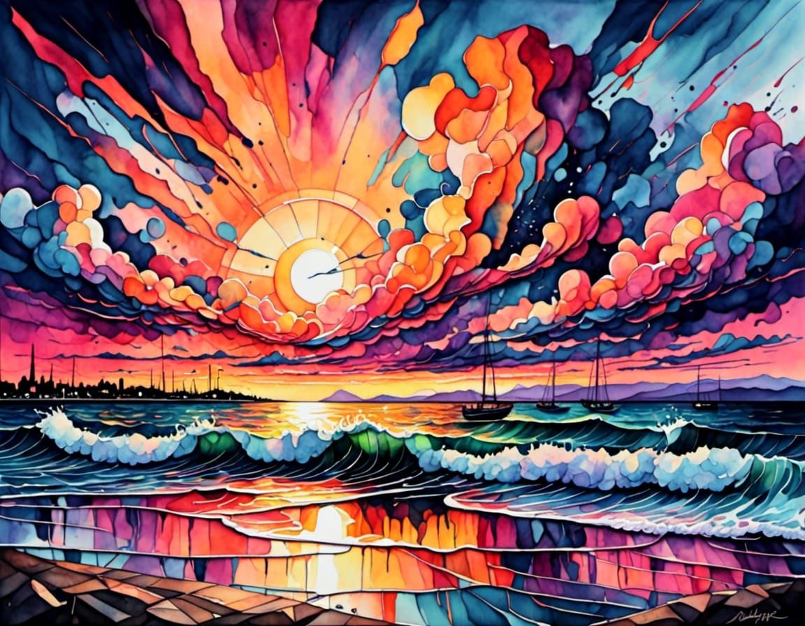 <lora:Cubist Abstractions:1.0> Sunset over the bay, sunny thunderstorms 