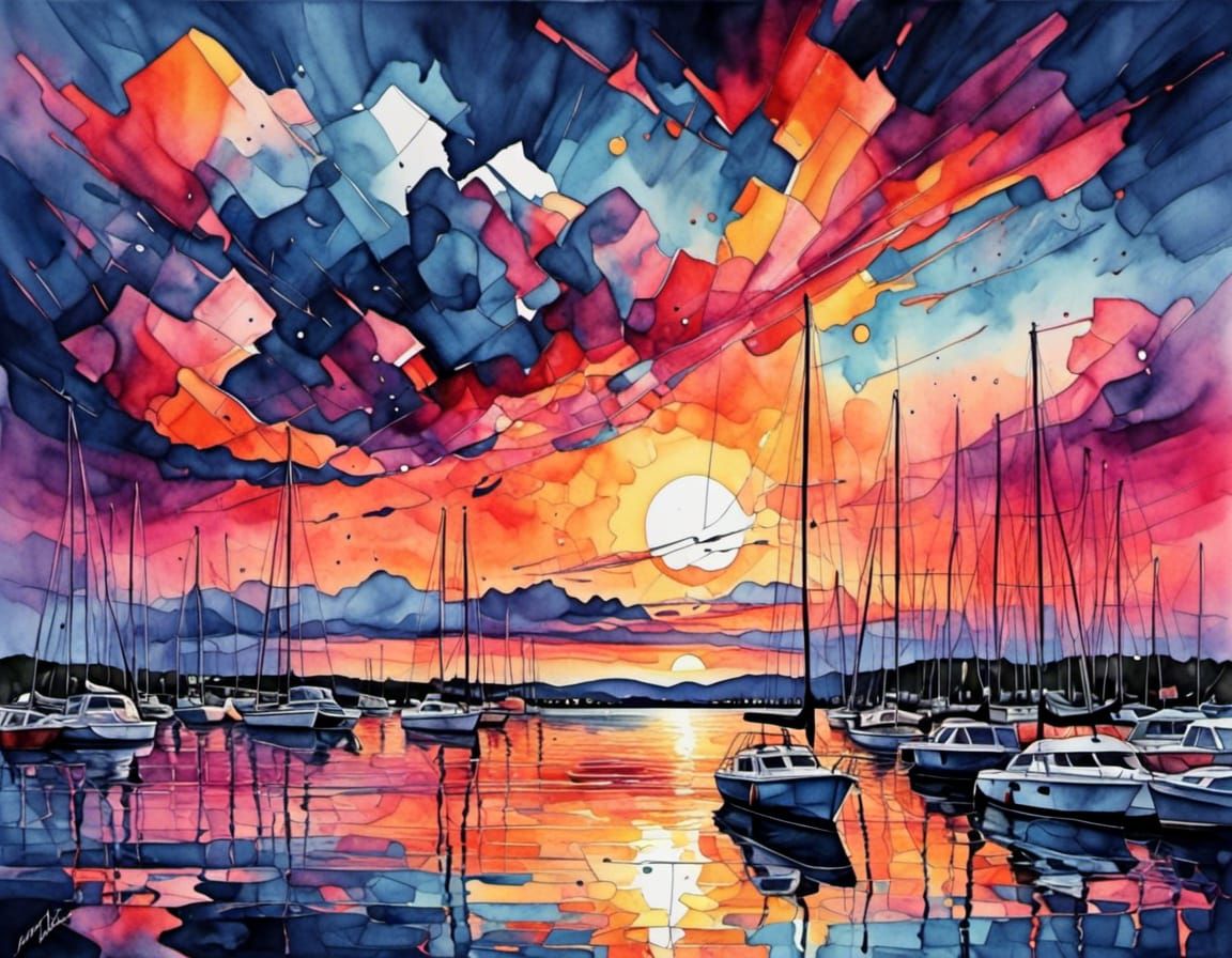 <lora:Cubist Abstractions:1.0> Sunset over the bay, sunny thunderstorms 