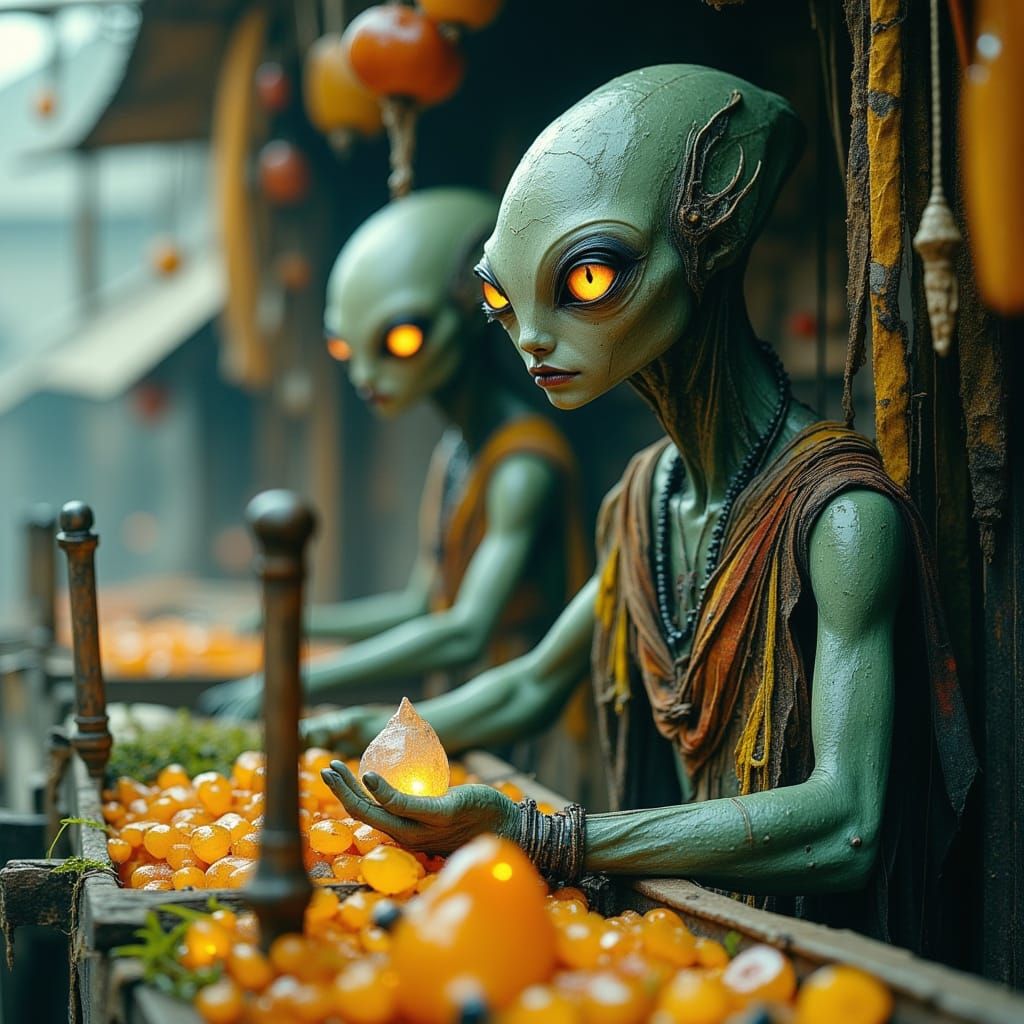 <lora:Dark Portraits:1.0> <lora:Akimora:1.0> A close-up of an alien merchant, with multiple eyes and ...  by @Heathen Fox