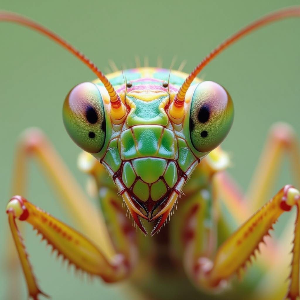 Hyper detailed macro view of the head of a photorealistic rainbow praying mantis. Huge bug eyes antennae ...  by @Mistymaywrite