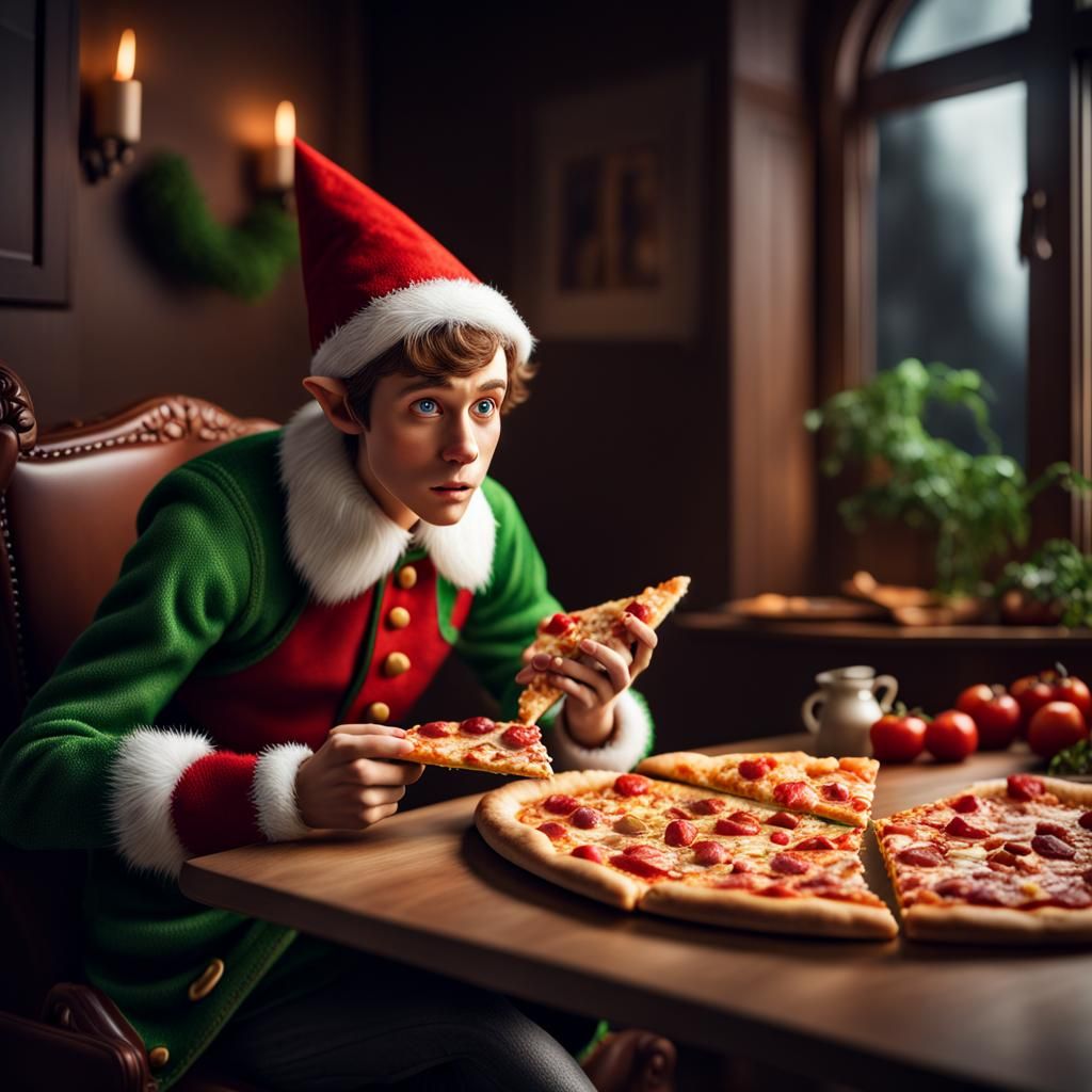 elf eating pizza in house - AI Generated Artwork - NightCafe Creator