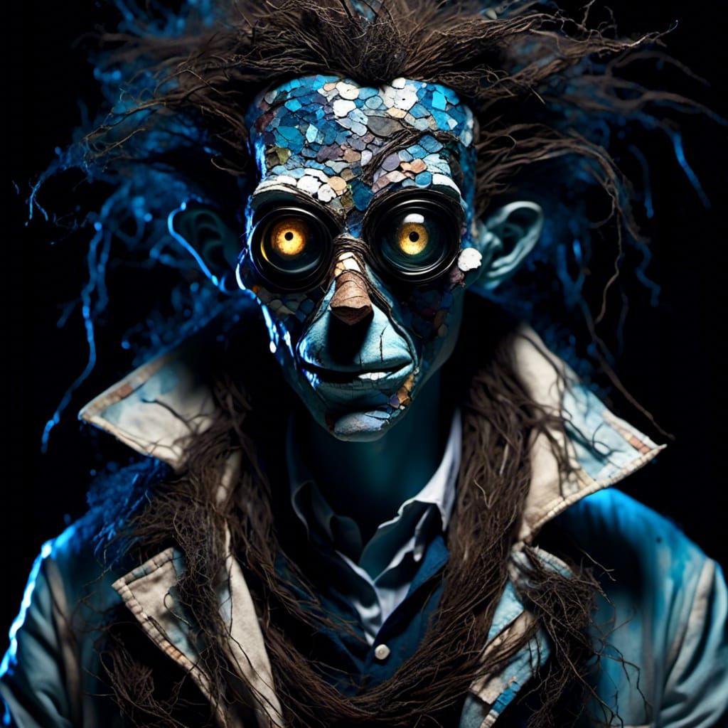 <lora:PR Twiggy Dolls:1.0> <lora:PR Architecture:1.0> extreme close-up of a scientists face in a lab coat on a black background, blue radioa...