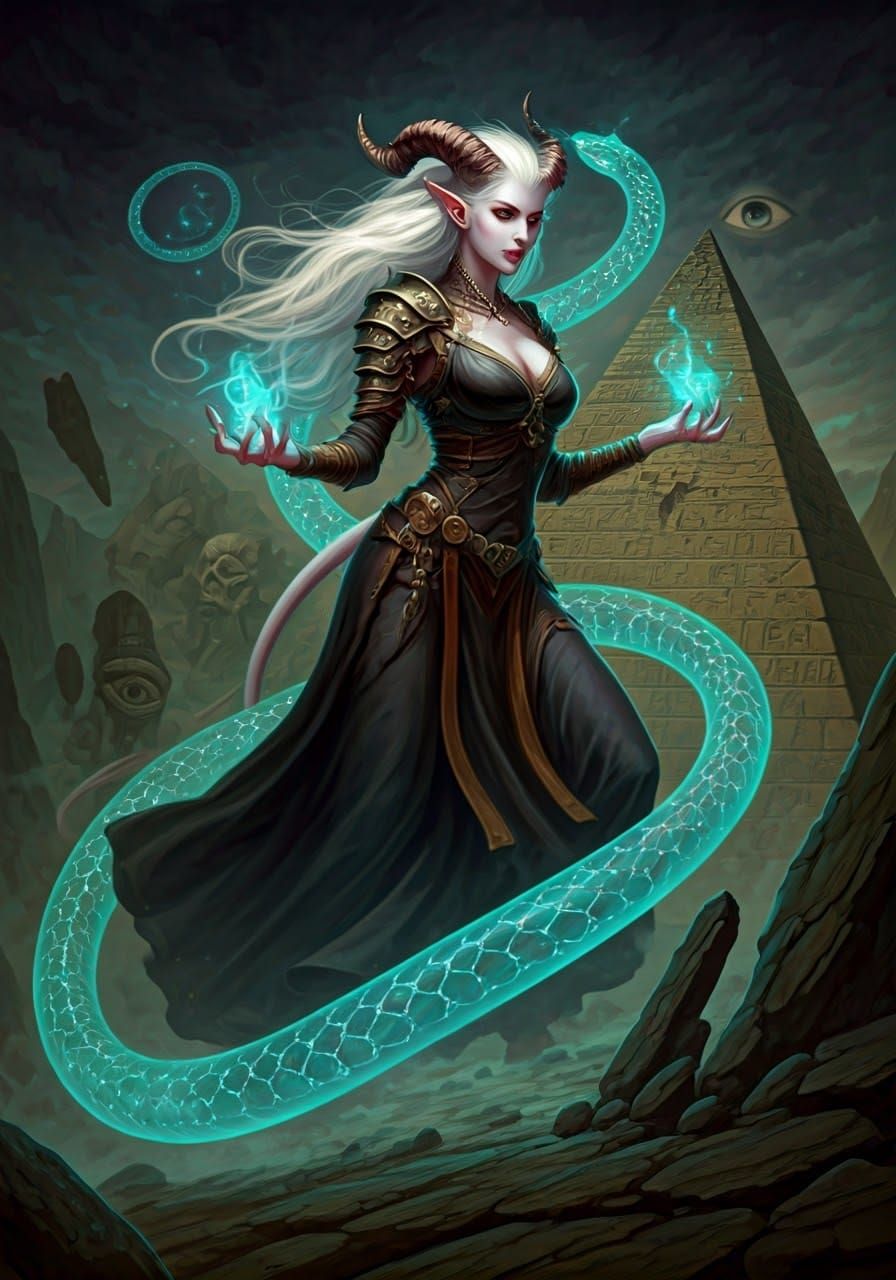 Sorceress with Glowing Serpent and Ancient Symbols