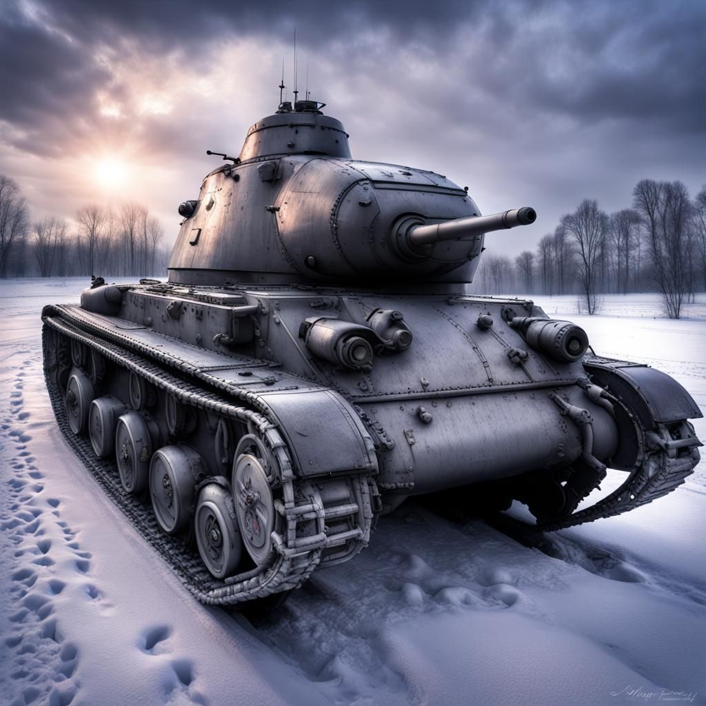 Star Sapphire stands by a T-34 in a Russian winter.