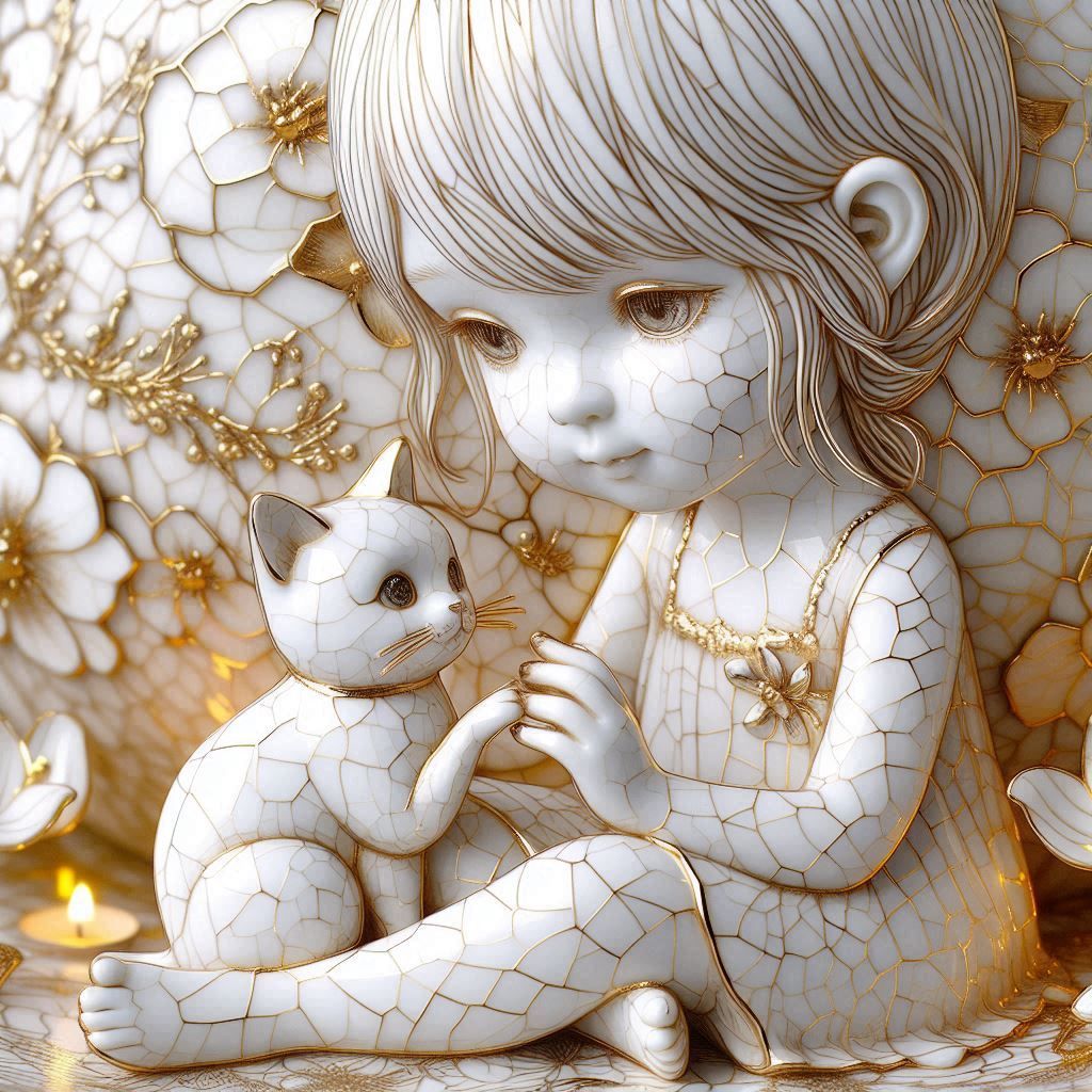 white and gold whimsical girl and cat