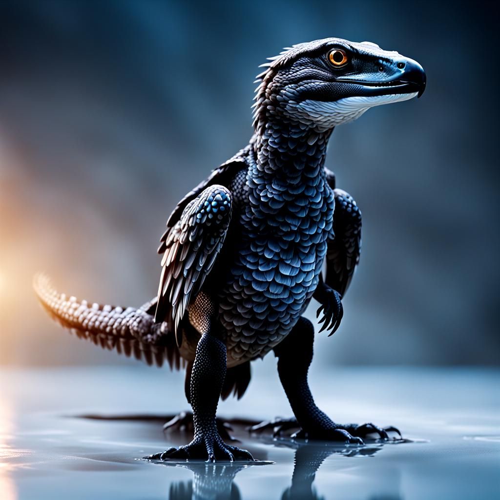 a glowing falcon-alligator hybrid, in a liquid sinister back...