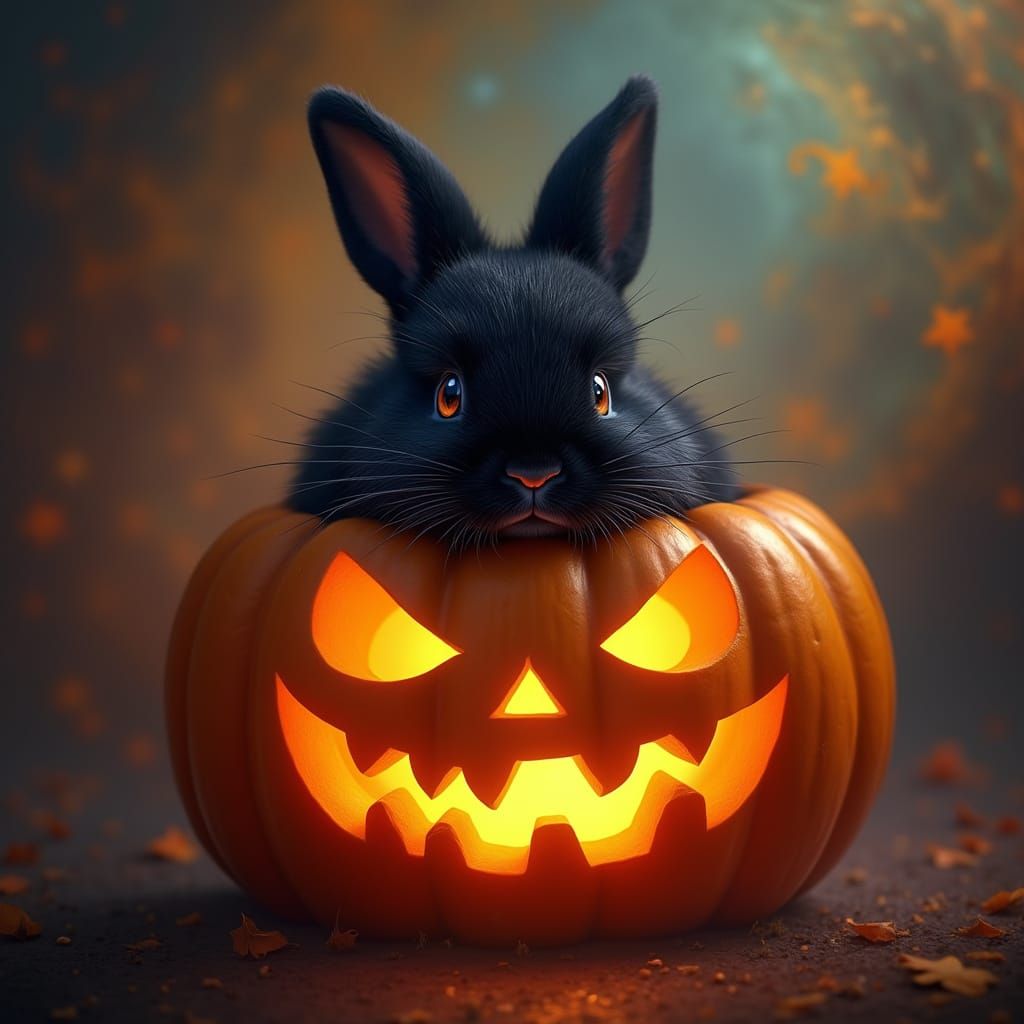 Hyoerrealistic photoworthy picture of a black bunny rabbit sitting inside of a carved jack o lantern pumpkin