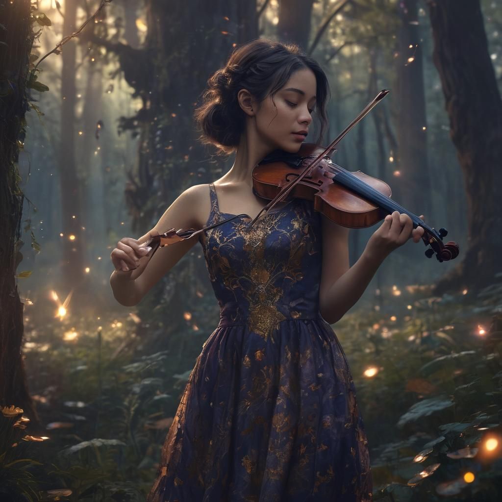 Enchanting Violinist in Mystical Forest Concept Art