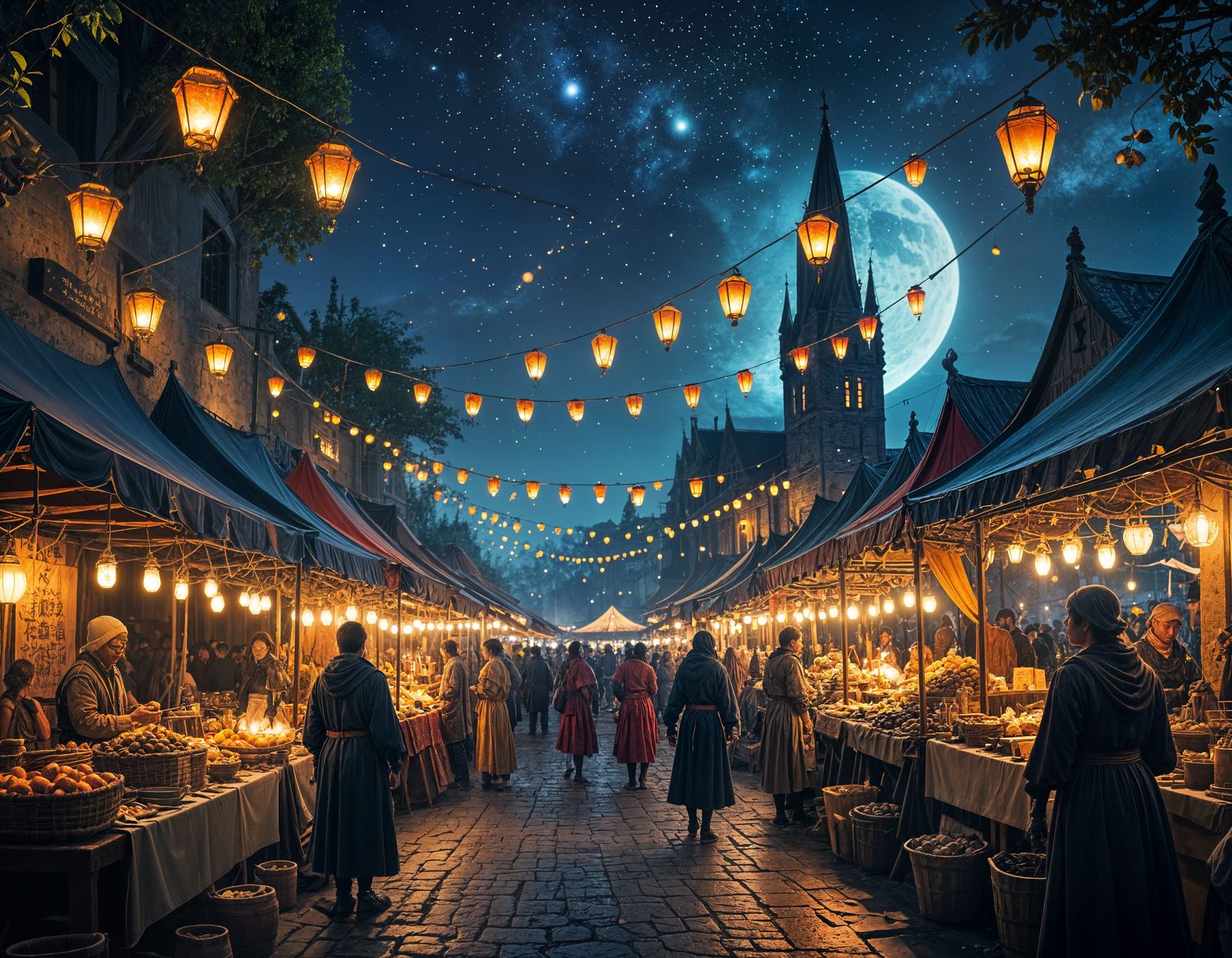 open-air night market selling various vestiments, armors, foods, and other goods. stars in the night ...  by @Defenestrated Feather