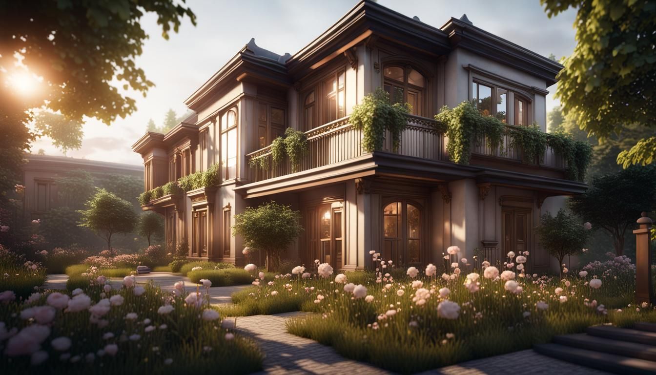 low-rise residential building with beautiful garden, 3D Game...