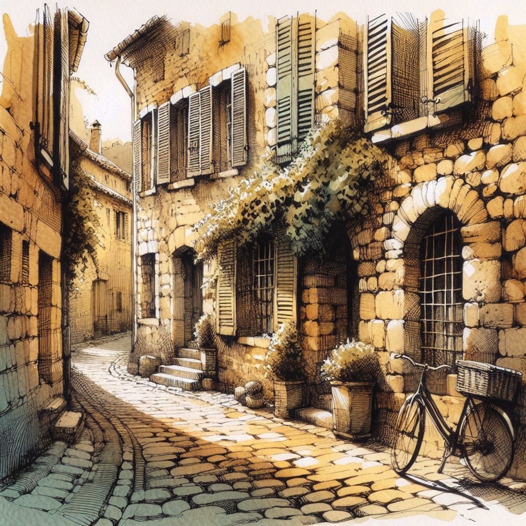 A quiet cobblestone street in a quaint European village, bat...