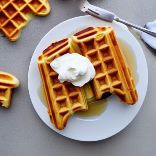delicious waffles with butter, syrup and whipped cream.