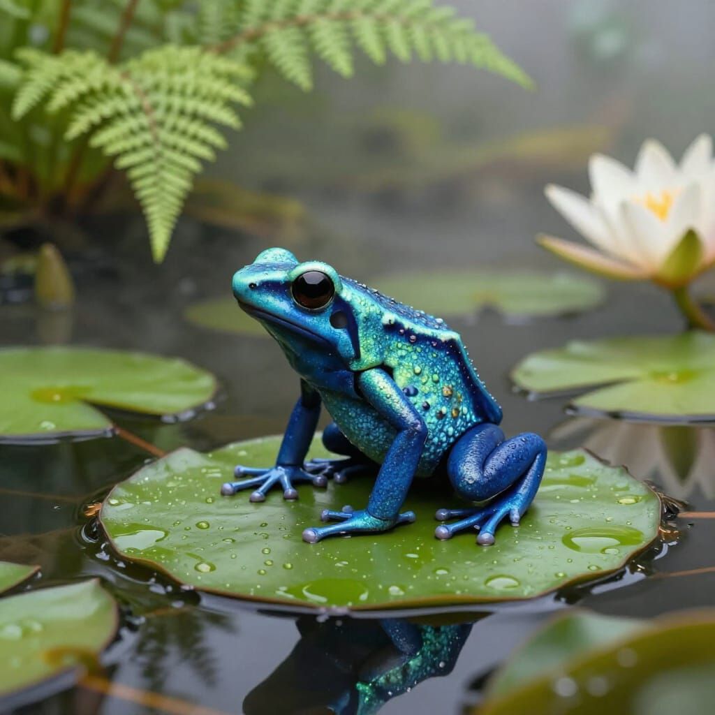 Jewel-Toned Frog on Lily Pad in Serene Pond