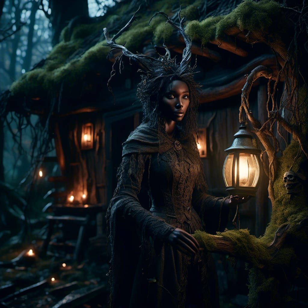 <lora:Ethnic Fantasy:1.0> close-up portrait of a witch in front of her shack in a grim and malevolent forest. Dark-fantasy-art. Close shot....