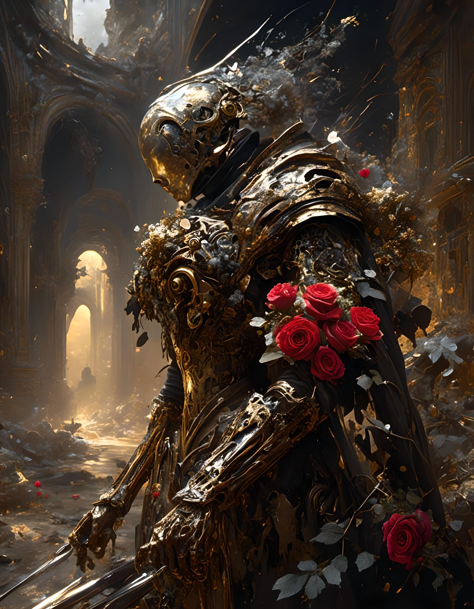 <lora:Coherent Vibrance:1.0> a singular metal bouquet of roses made of intricately carved gilded iron, brave and rough in dark style, Edwin...