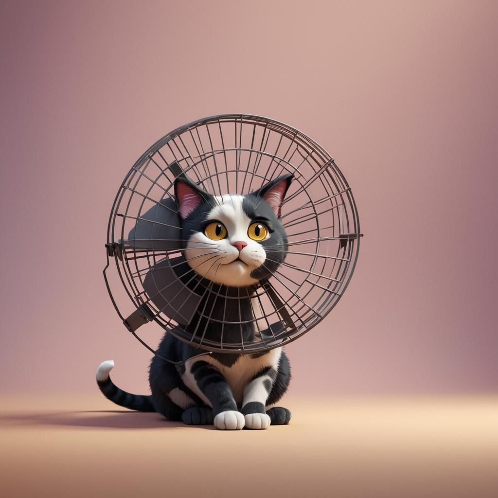 the cat under the fan escapes from the heat