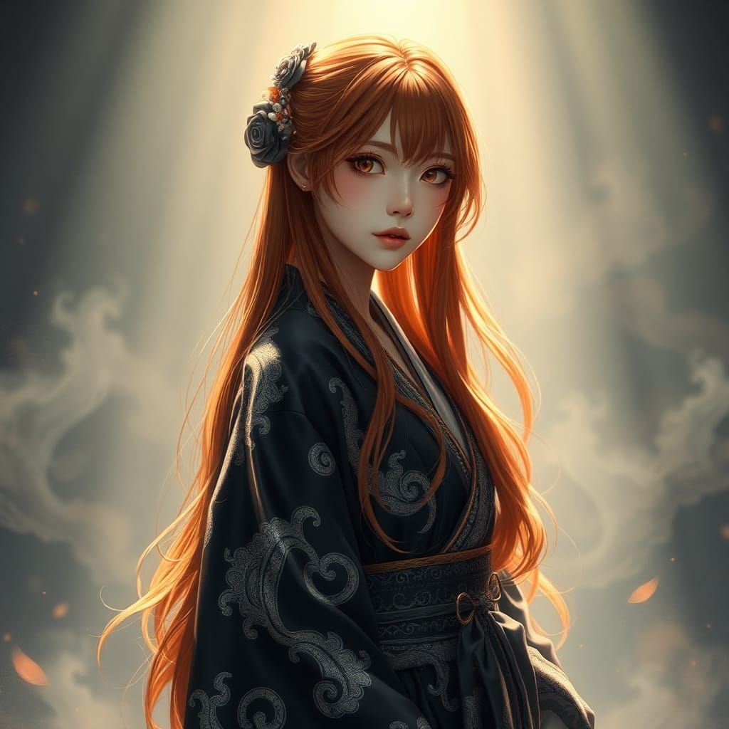 Redhead in Kimono: Japanese Anime-Inspired Fantasy Art