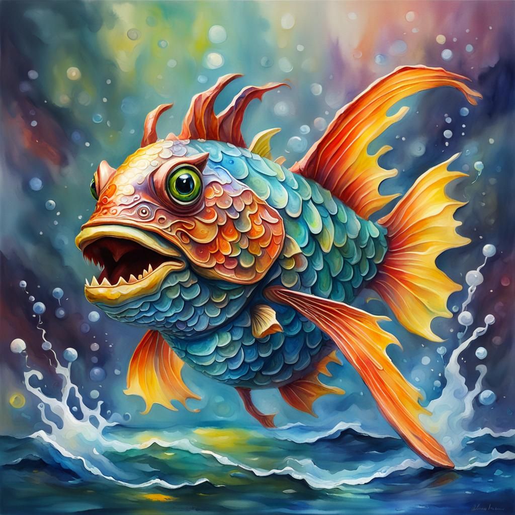 Action Figure Electric Magical Dragon Fish Surreal Shiny Oil Paint ...