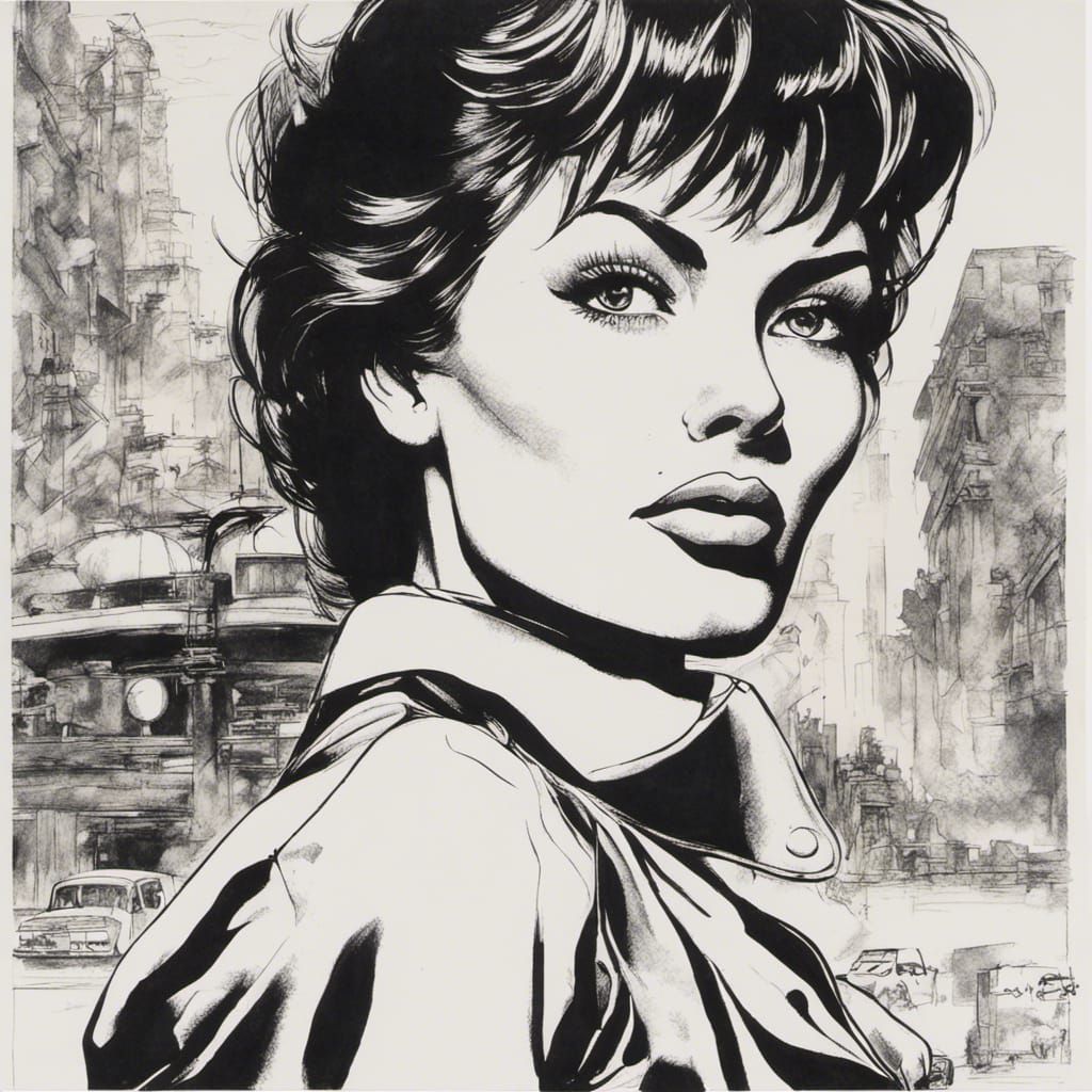 Black and white ink drawing of Modesty Blaise  by @Eto Demerzel