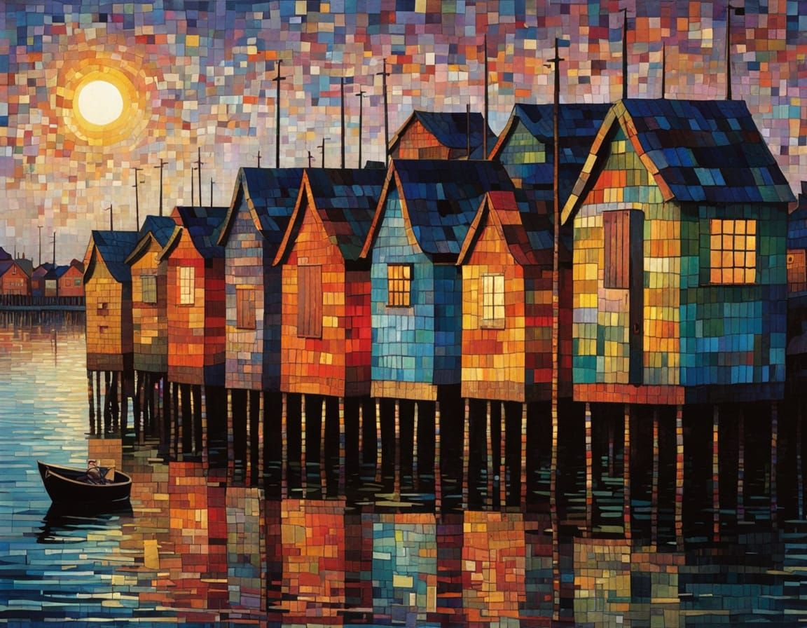 colorful fishing huts in the soft evening light, made entirely of squares by John Piper, James R. Eads ...  by @Tina auf der Blumenwiese