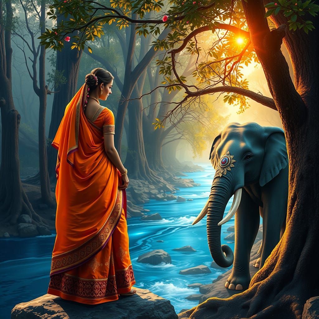 "A majestic landscape featuring the protagonist, Arika, standing by the shimmering Neel Nadi, a river flowing with deep blue sapphires. The...