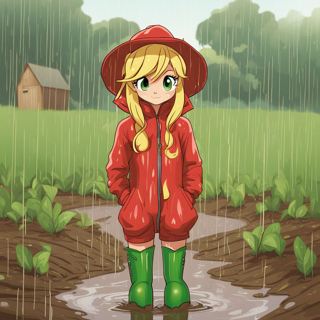 Human Applejack wearing a rain-suit