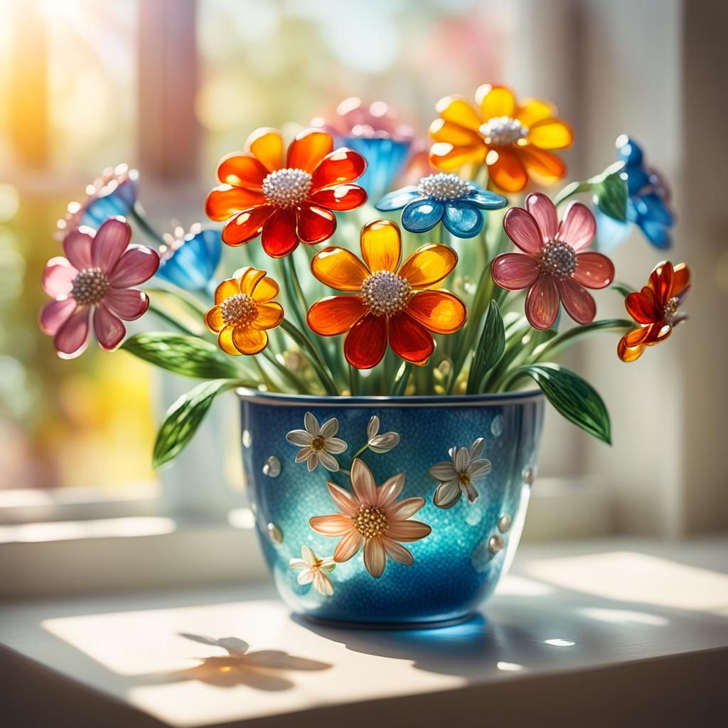 enameled glass figurines of beautiful flowers in a flower pot in a room.