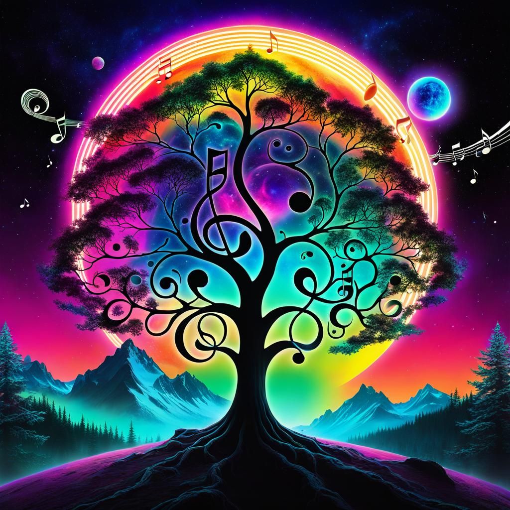 Surrealism surreal tree of music notation, treble clef, plan...
