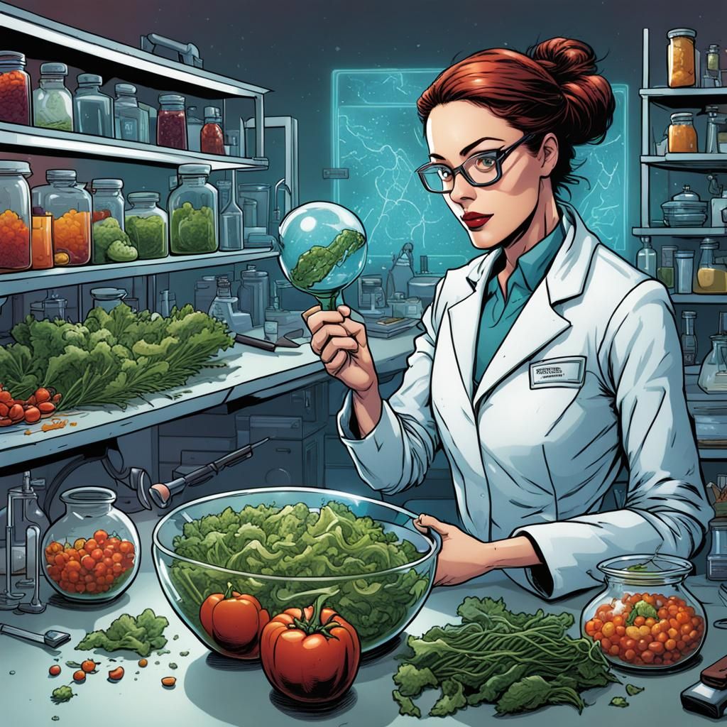 a female scientist in the lab, creating the perfect vegetable salad, Mark Brooks and Dan Mumford, comic ...  by @ArnAv_LAvAn