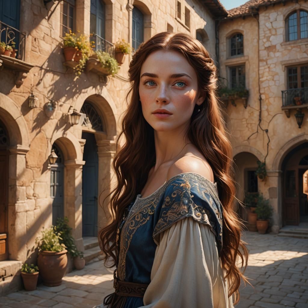 Woman in Sunlit Courtyard: Fantasy Concept Art