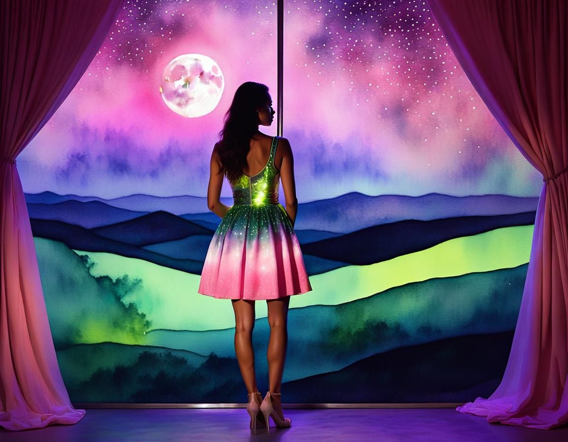 Magical Moonlit Stage with Girl in Lemon Dress