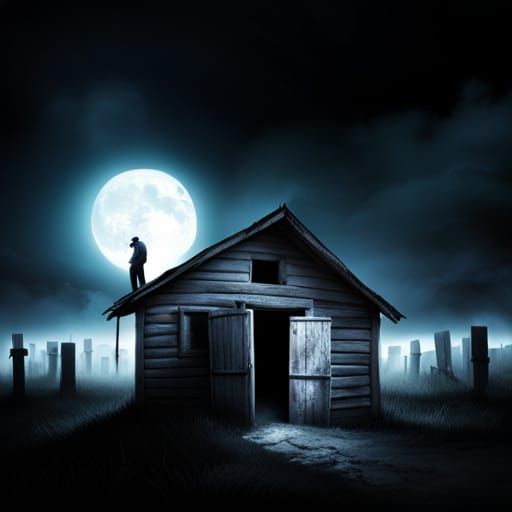 Cursed old shack in on spooky graveyard at night ;; Creepy gravedigger holding shovel