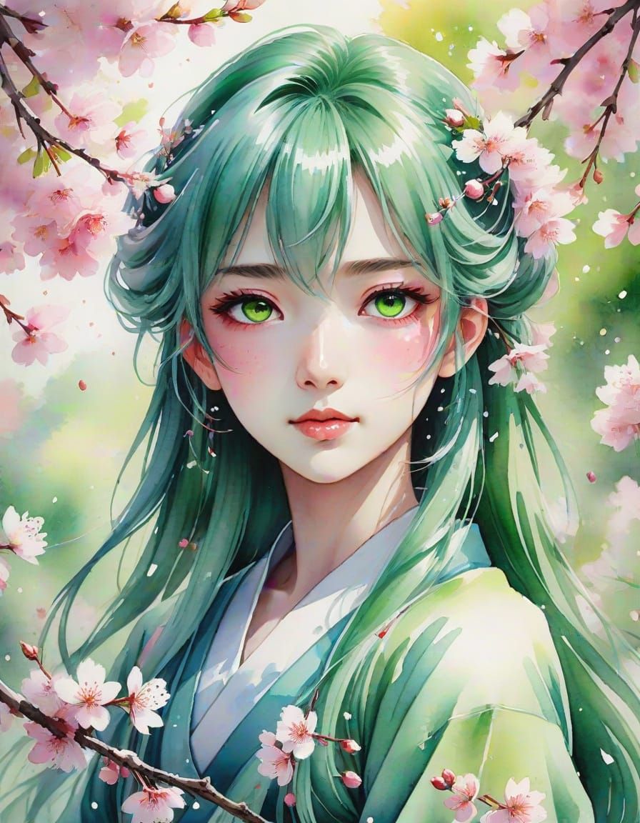 Konohana Sakuya Portrait in Anime Watercolor Style