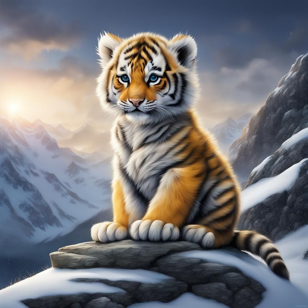 Cute Siberian tiger cub sitting on rocky outcrop in the mountains