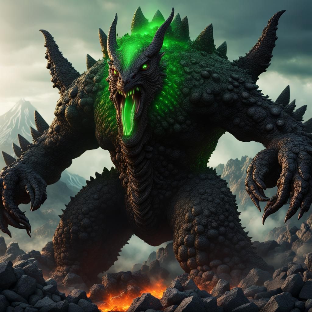 kaiju made of black rocks with green eyes, a volcano with gr...