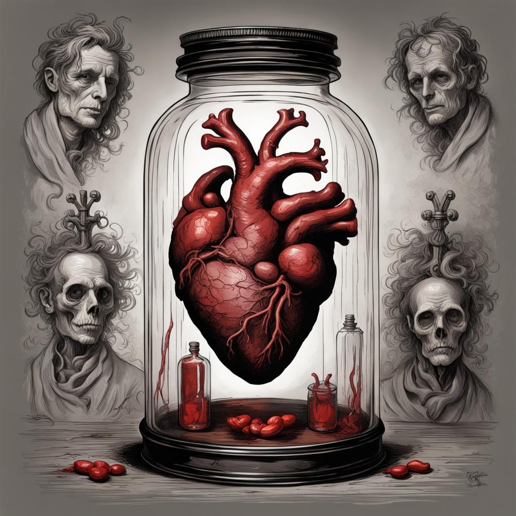 anatomical heart in a jar 
with gothic elements