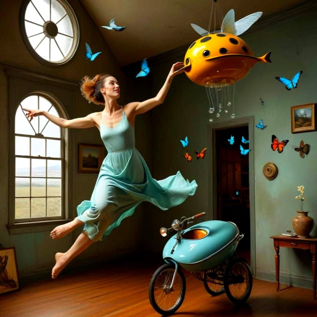 Surrealistic Lady in Vibrant Landscape with Fantastical Crea...