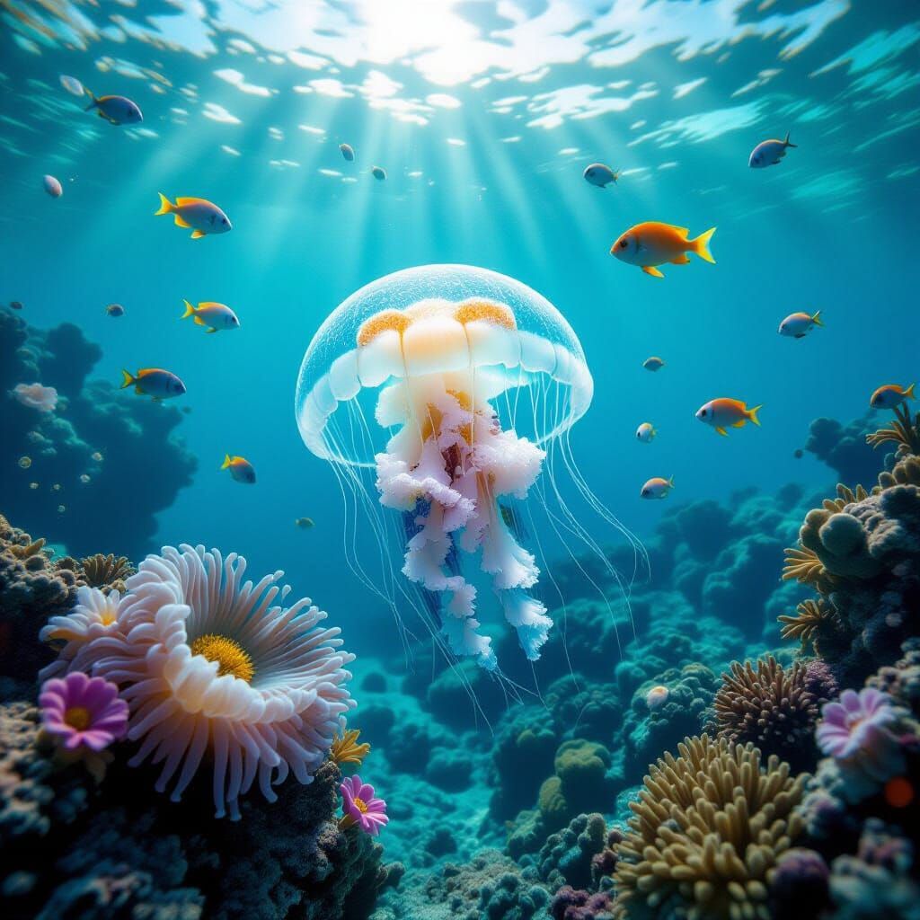 Jellyfish in Coral Waters with Sea Anemones