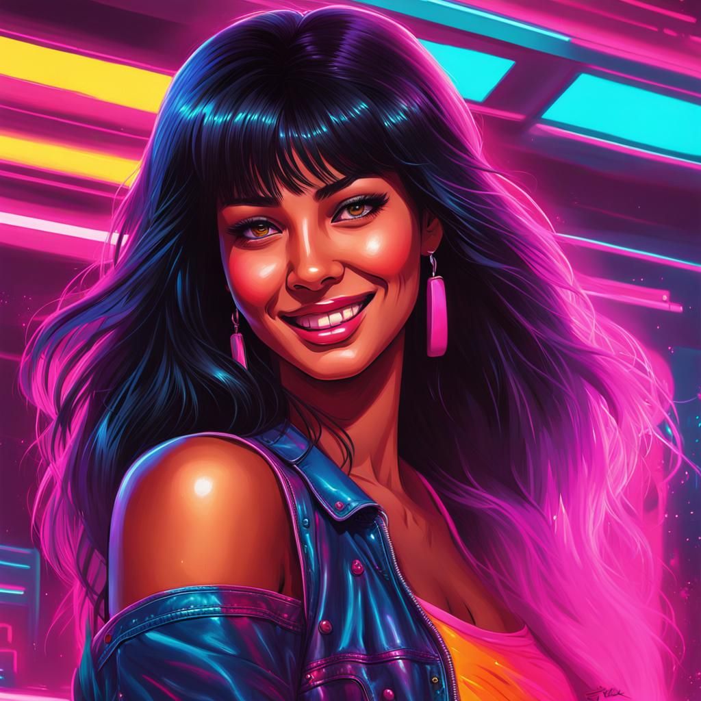 Photorealistic painting 1980s retrowave synthwave art style of a Hot