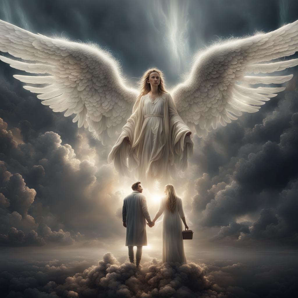 Two people being welcomed into heaven by an angel. - AI Generated ...