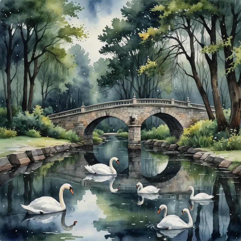 Old stone bridge and swans