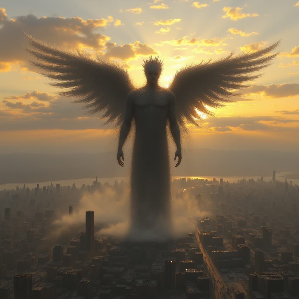  <lora:Chiaroscuro Dystopia:1.0> A giant, humanoid angel made of smoke and ash stands over the city, with a sunrise in the background, in th...