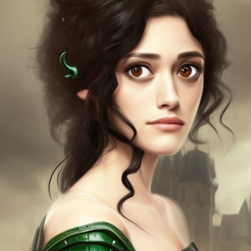 A young, cute Emmy Rossum, with black curly hair, grey eyes,...