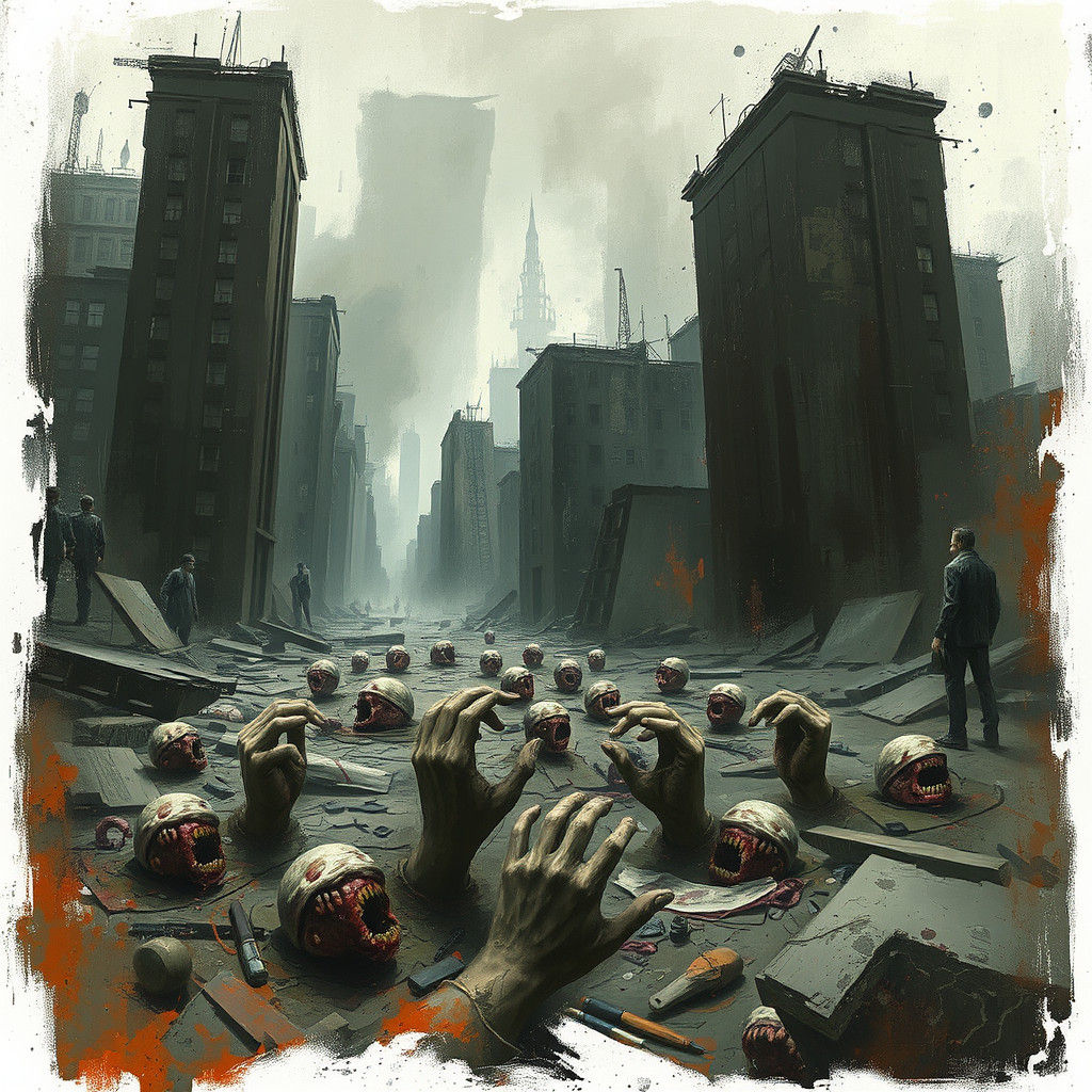 Eyes, hands, teeth scattered everywhere in an abandoned city