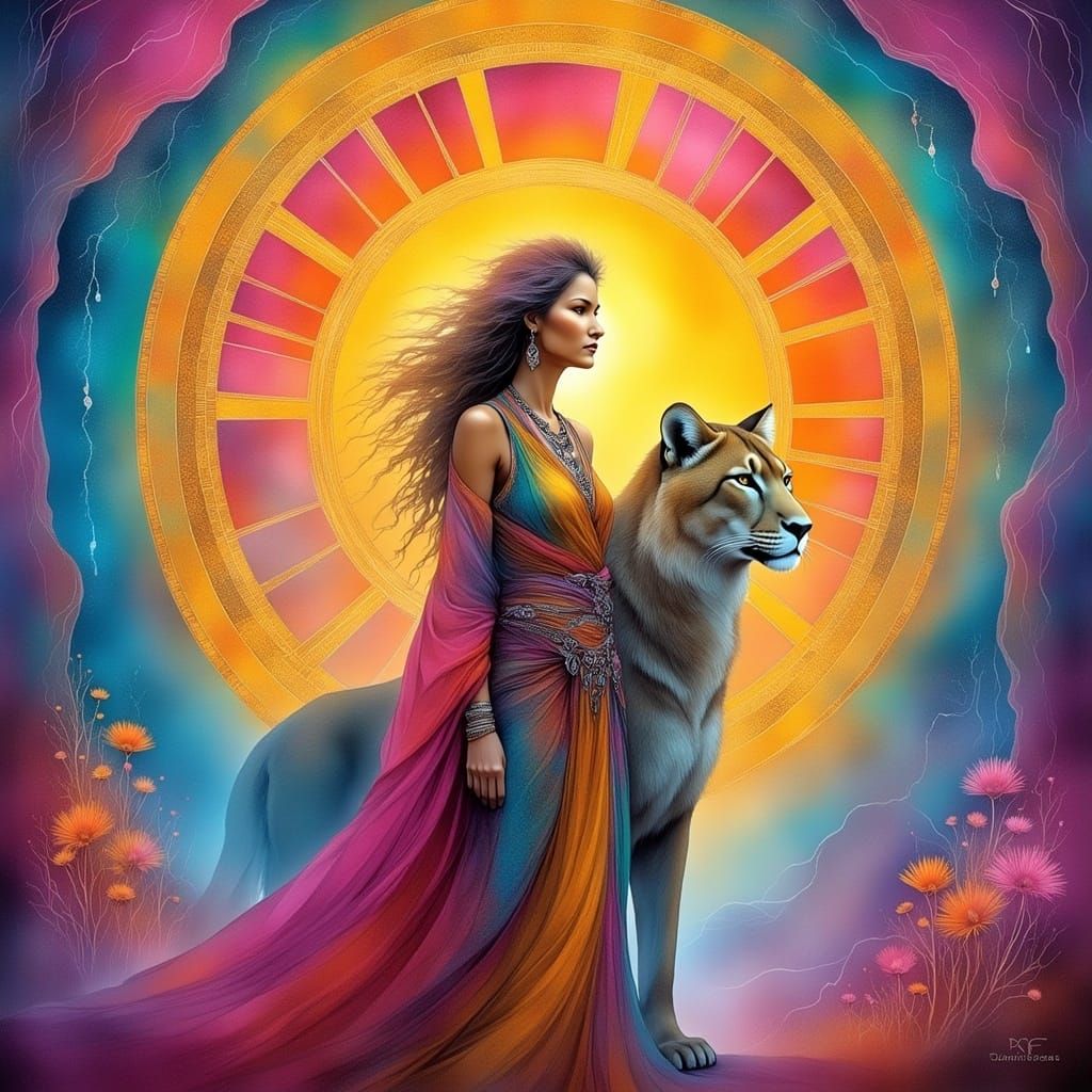 <lora:Archetypal Images:1.0> A woman and a mountain lion in front of a large ornate detailed sun with halos and runes