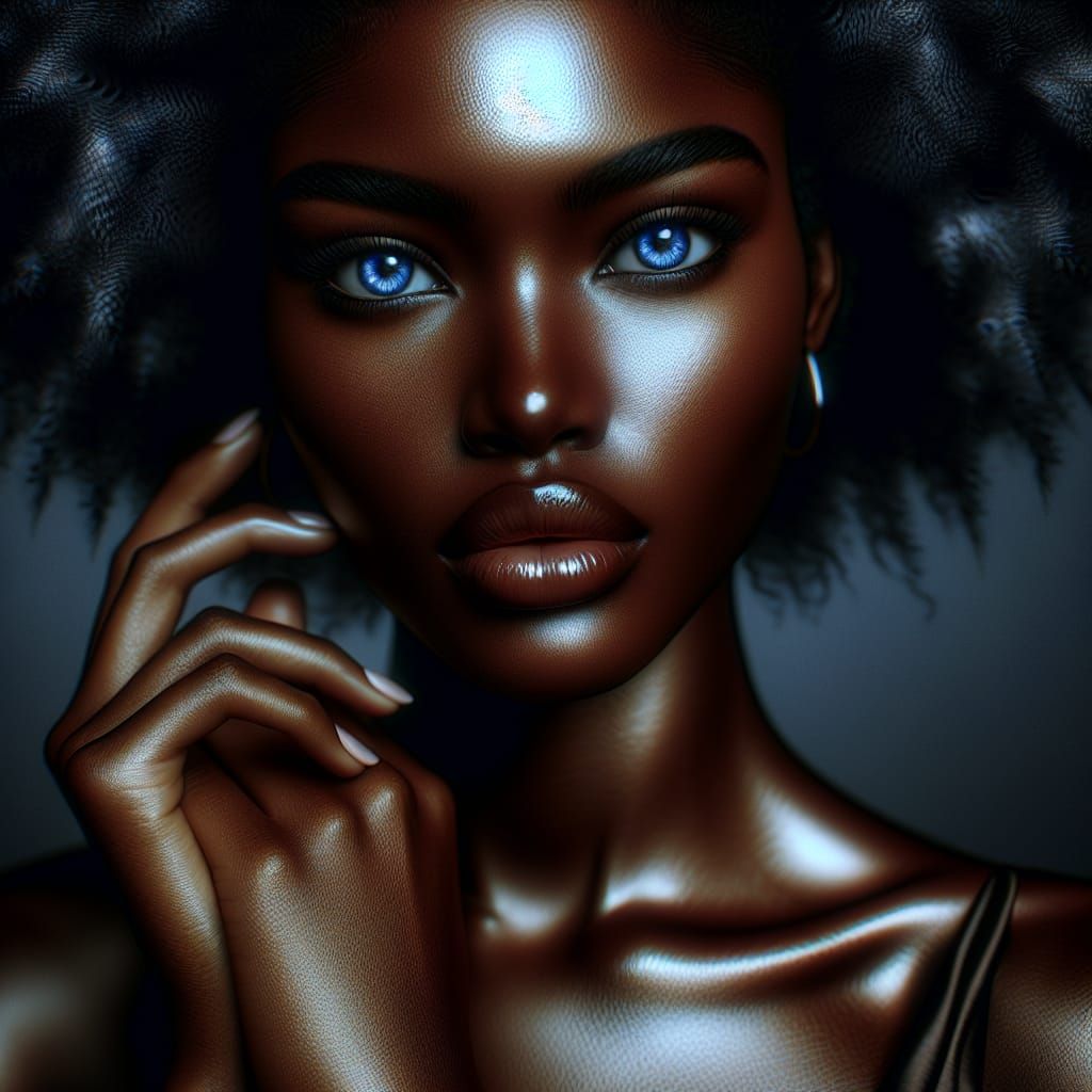 Dark skin woman with blue eyes