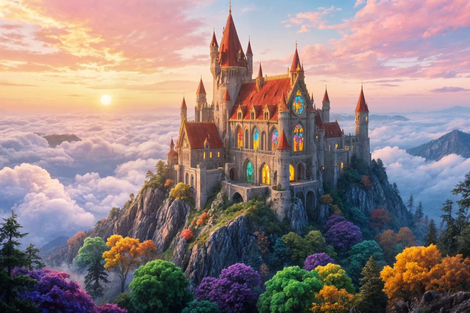 Magical Hogwarts Castle Above Clouds in Enchanted Forest