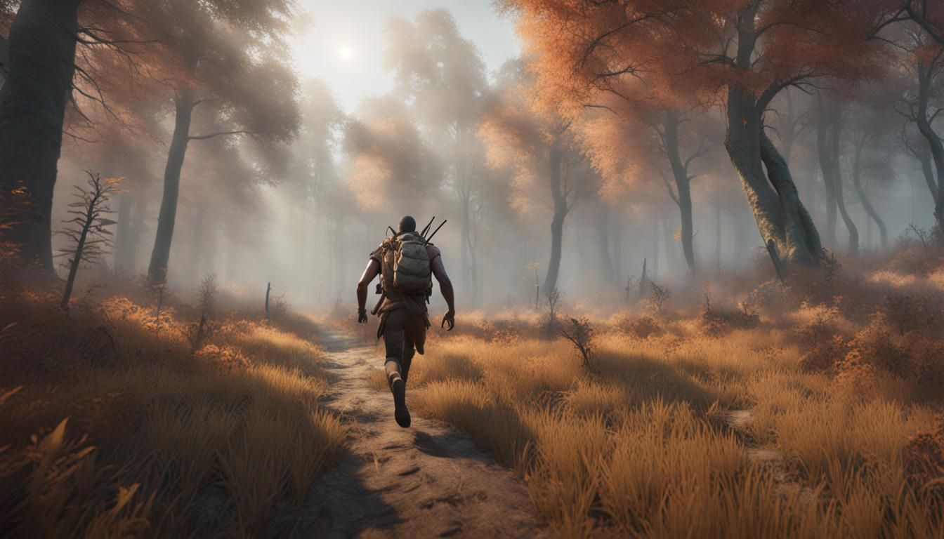 African Hunter sprinting through misty forest in autumn.
Sof...